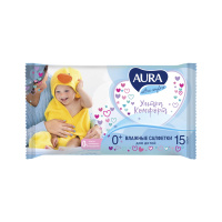 Aura Влажные салфетки для детей для чувствительной кожи Ultra Comfort Алоэ и Витамин Е (0+) 15 шт